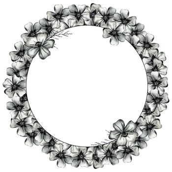 Cute Wreath with Flowers, Leaves and Branches Drawn by Colored Pencils. Hand Drawn Circle Frame for Your Text on White Background.