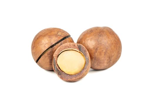 Macadamia nuts with a split half on a white background