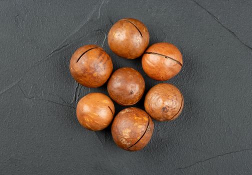 Several macadamia nuts on a dark concrete background, top view