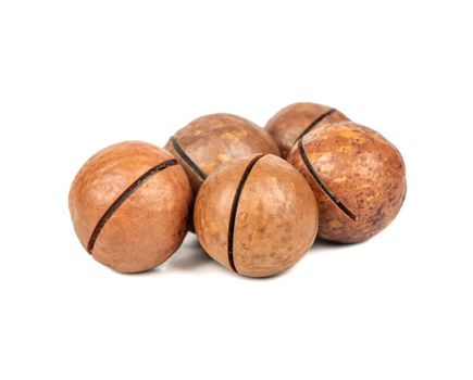 Several macadamia nuts on a white background