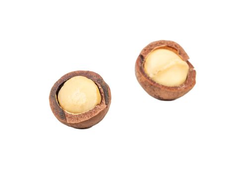 Two split macadamia nut halves isolated on a white background