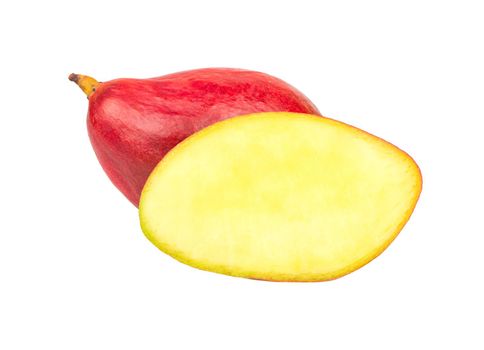 Mango with juicy half isolated on white background