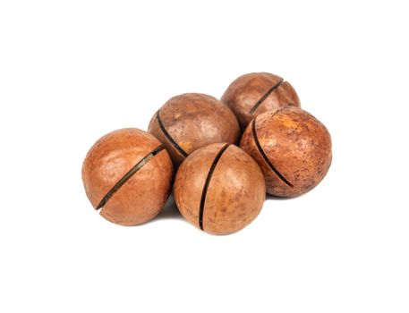 Several macadamia nuts on a white background