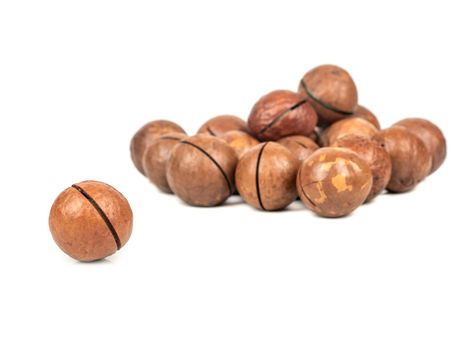 Single macadamia nut in a shell near a pile on a white background