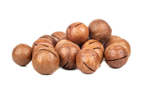 Pile of macadamia nuts in a shell on a white background