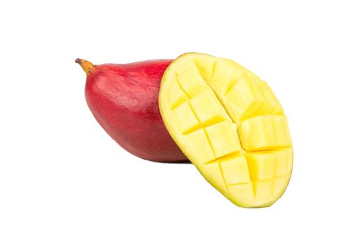 Ripe red mango with half isolated on a white background