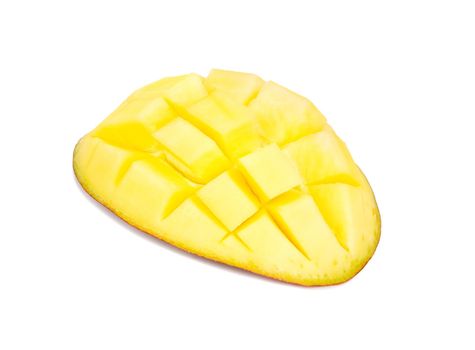 Sliced half of mango fruit isolated on a white background