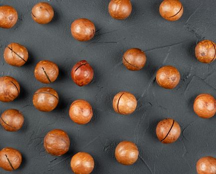 Scattered macadamia nuts in their shells on a dark concrete background, top view
