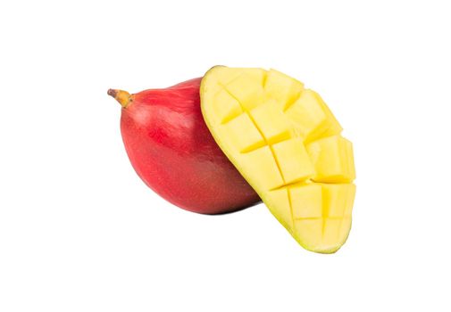 Mango fruit with juicy half on a white background