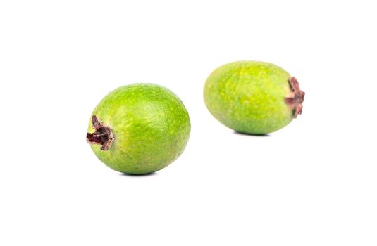 Two fresh Feijoa fruit on white background