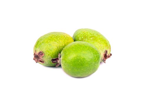 Three fresh Feijoa fruit isolated on white background