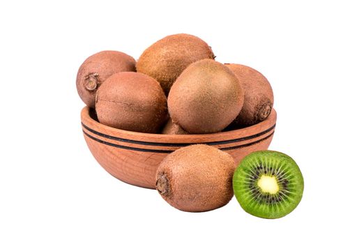 Wooden bowl filled with fruit kiwi on a white background