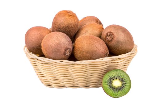 Basket full of ripe fruit kiwi on a white background
