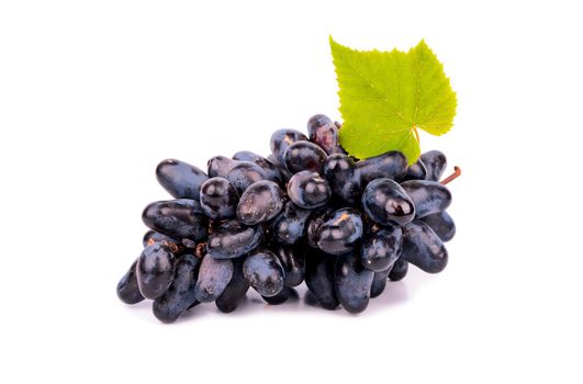 Bunch of black grapes with fresh leaves on white background