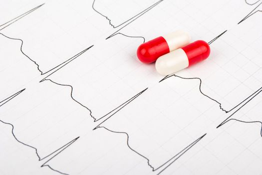 Cardiogram and two red-white capsules for the treatment of heart disease