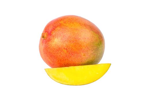 Tropical fruit mango with juicy slice on white background