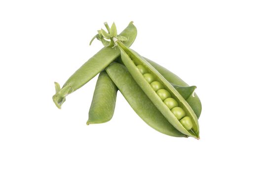 Several pods of green peas on a white background