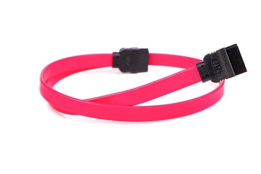 The stranded red sata cable on a white background