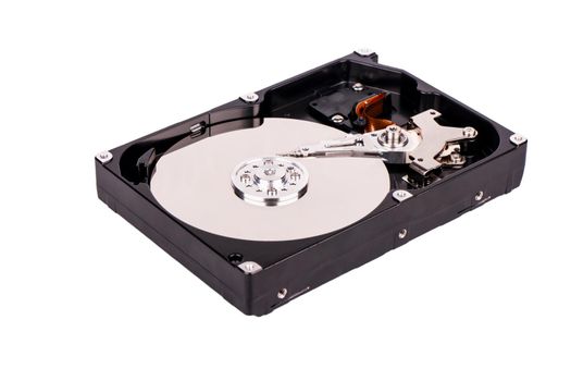 Open hard disk drive (HDD) on white background