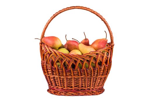 Basket full of fresh pears isolated on white background