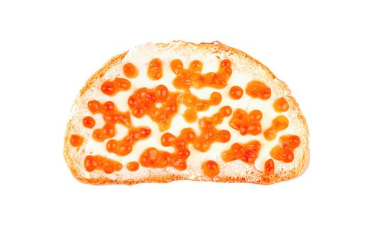 Sandwich with butter and red caviar on a white background top view