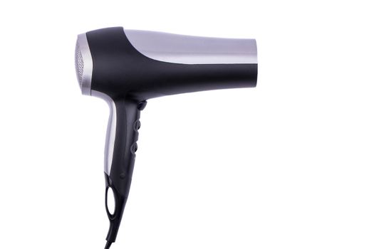 Black and gray hair dryer isolated on white background