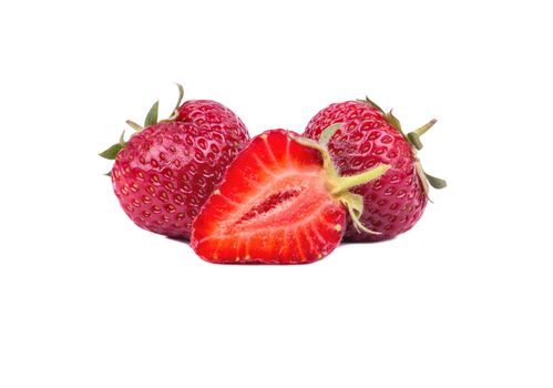 Two fresh ripe strawberries with sliced half on a white background