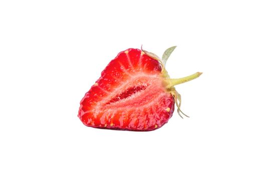 Sliced half of ripe strawberries with juice isolated on a white background