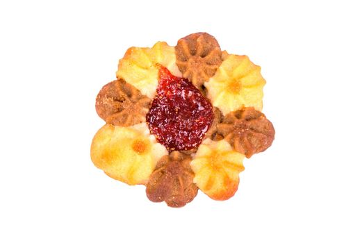 Homemade cookies in the shape of a flower with jam on a white background