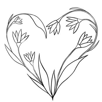 Hand drawn floral flower leaves illustration, heart love st. valentine's day, black white elegant wedding ornament, Line art minimalism tatoo style design summer spring nature branch foliage blossom