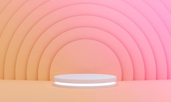 Podium with light on colorful pink and yellow circles pattern background for summer sunny. Empty podium platform. 3D Rendering.