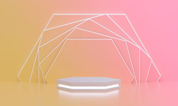 Hexagon podium with light for product display with modern hexagonal rotated background for summer sunny. Empty pedestal or podium platform. 3D Rendering.