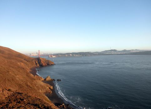 Golden Gate entrance to San Francisco with Bridge and city visible seen from Marin Headlands