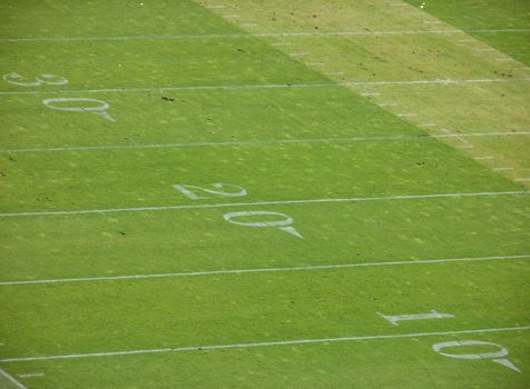 30 yardline to the 10 yardline on a beat-up football field.