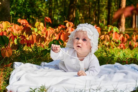 a very young child, especially one newly or recently born. Cute baby explores the world in a sunny forest colorful summer meadow.