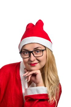 Girl in Santa costume with glasses on white background