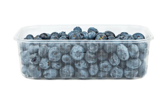 Fresh blueberries in a container on a white background