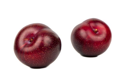 Two ripe big red plums isolated on white background