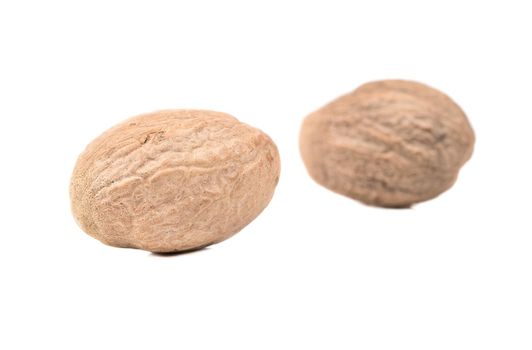 Two dry whole nutmeg isolated on white background