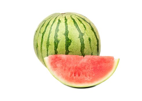 Ripe watermelon with a slice of seedless white background