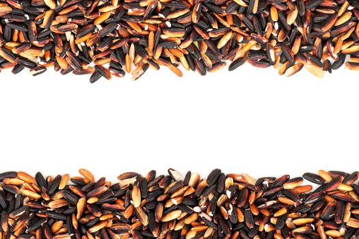 Scattered raw wild rice on white background, top view