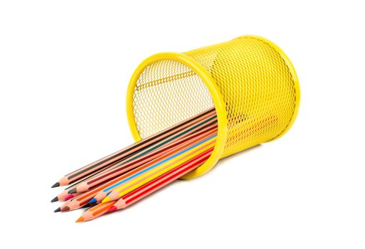 Inverted iron basket with multi-colored pencils on white background