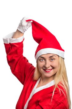 Girl in the red suit Satnam Klaus holds himself for a cap on white background