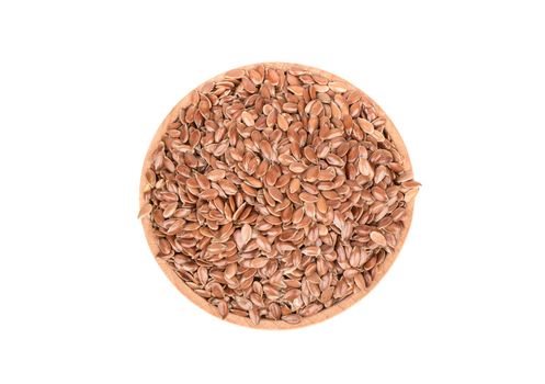 Flax seeds in wooden bowl isolated on white background, top view