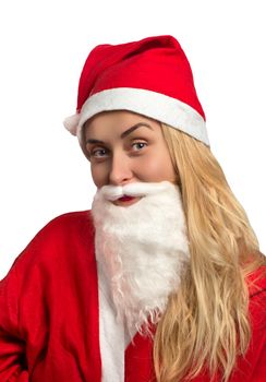 Girl in Santa suit with beard closeup on white background