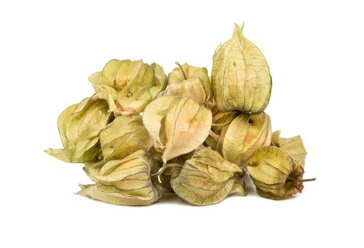 Pile of fresh fruit physalis in a peel on a white background