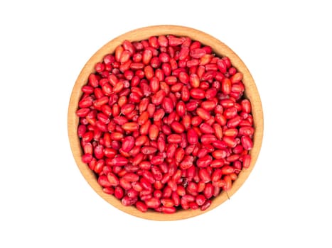 Fresh barberries in wooden bowl on white background, top view