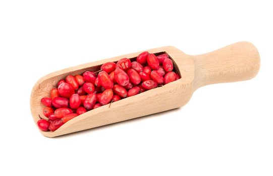 Fresh barberries in wooden scoop on white background