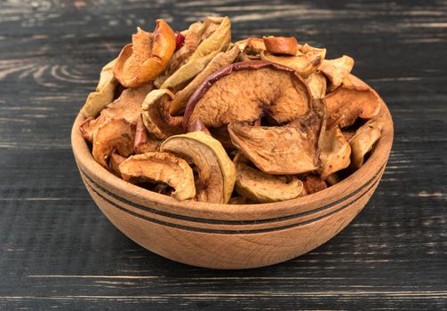 Bowl of dry slices of apples on the table closeup