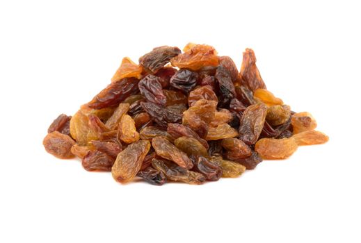 Small pile of sweet raisins on a white background